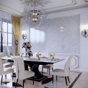 Classic dining room with a Carrara White marble wall, crystal chandelier and white chairs