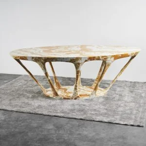 Hive Table: oval table with curved legs in yellow Pretoria onyx