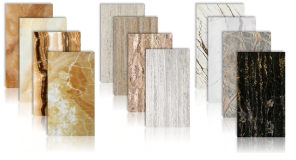 Rows of natural stone samples in cream, orange, brown, white and black