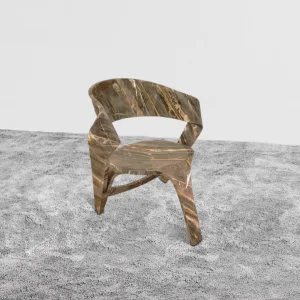 Zel Chair: three-legged chair in golden-brown marble, curved using the bended marble technique