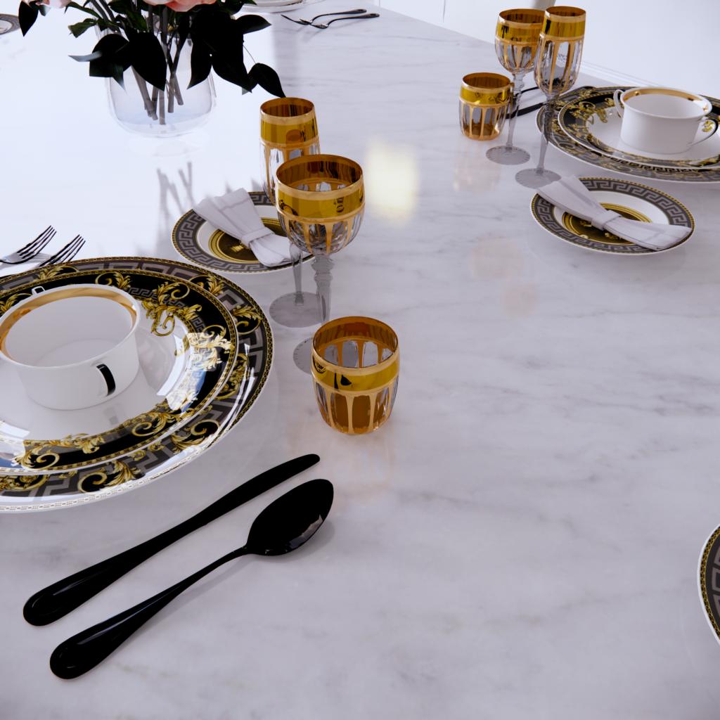 Carrara White marble dining table set with black-and-gold plates and gilded glasses