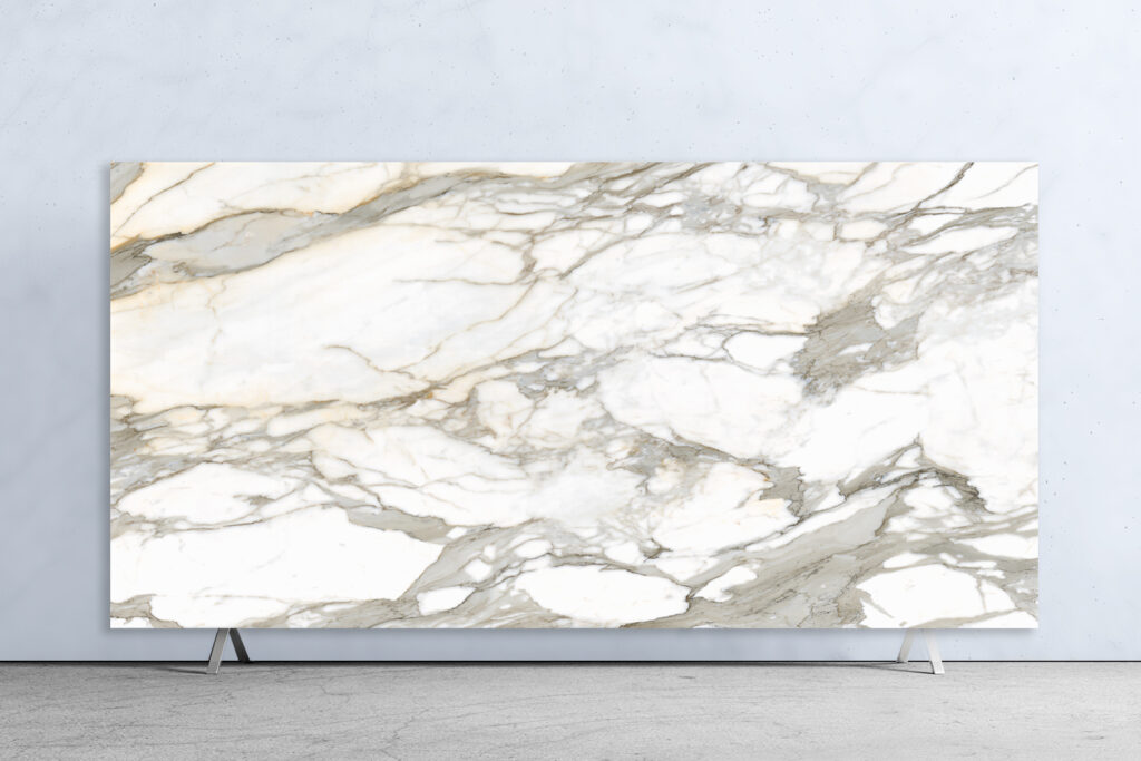 Mediterraneo Calacatta Borghini slab, white with thick, bold grey veins
