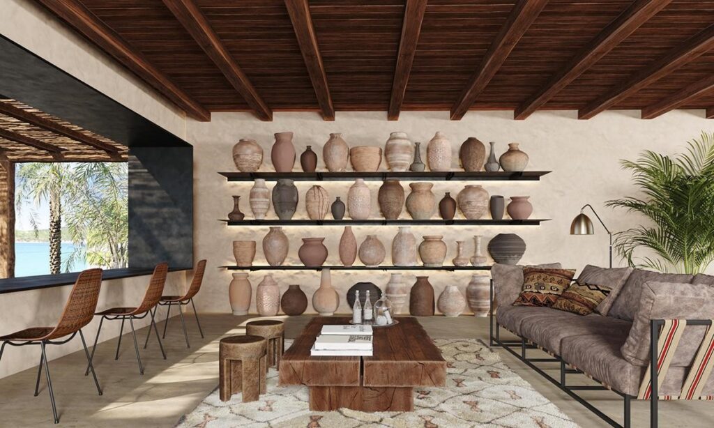 Modern rustic living room with a dark timber-beamed ceiling, shelves of clay pots and a low wooden coffee table