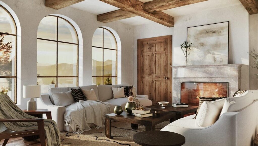 Mediterranean-style living room with arched windows, exposed timber beams, white sofas and a stone fireplace